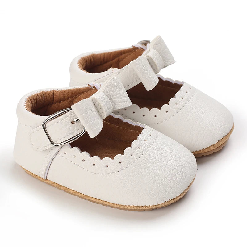 white baby girl Mary Jane shoes with bow and soft sole