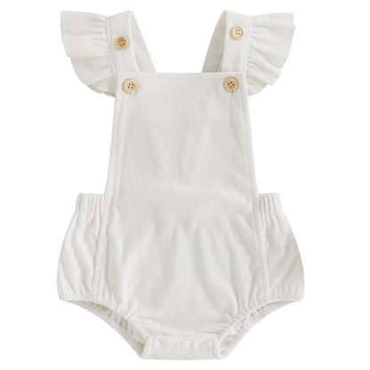 White baby girl cord romper with flutter sleeves