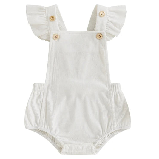 White baby girl cord romper with flutter sleeves
