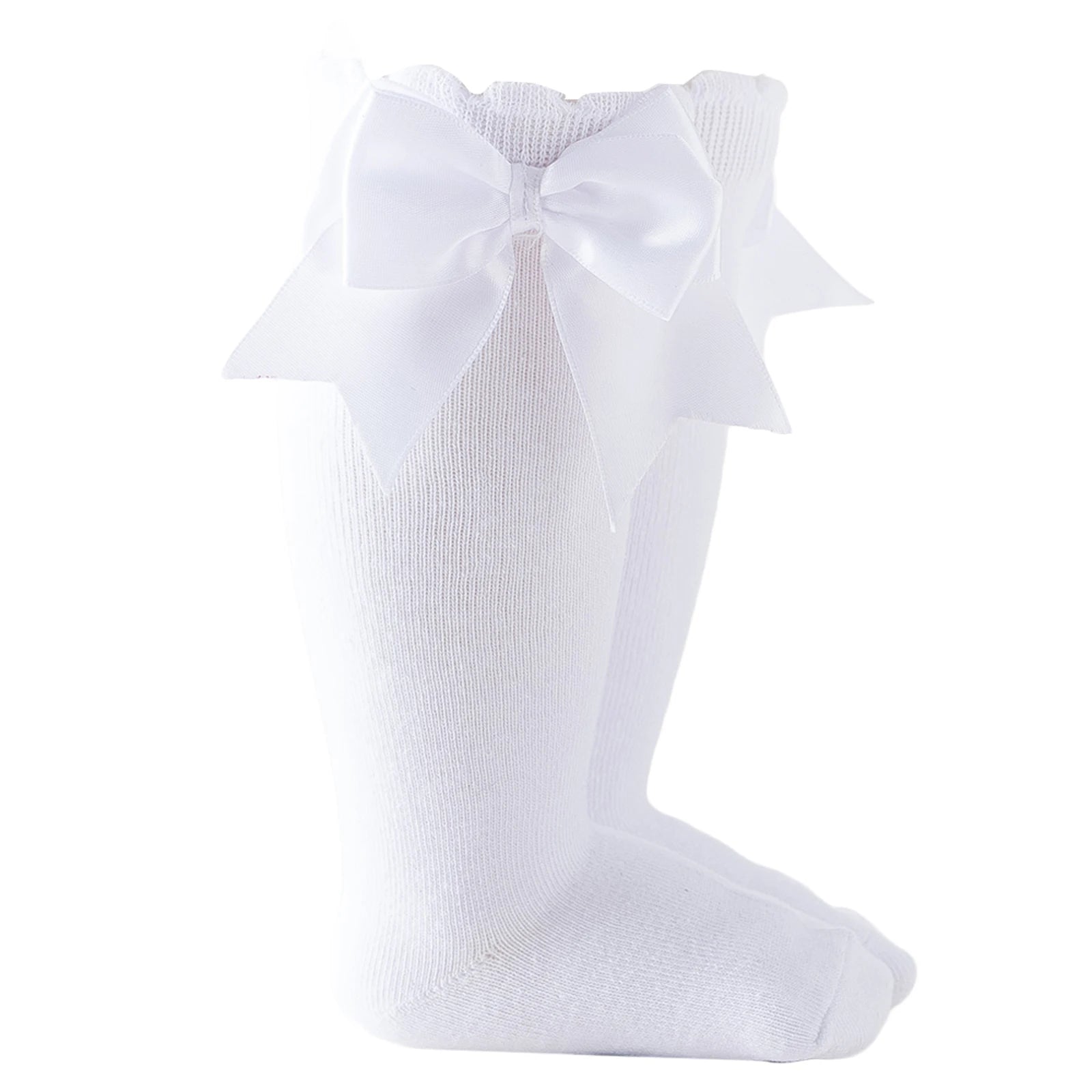 White baby girl knee-high socks with silk bows