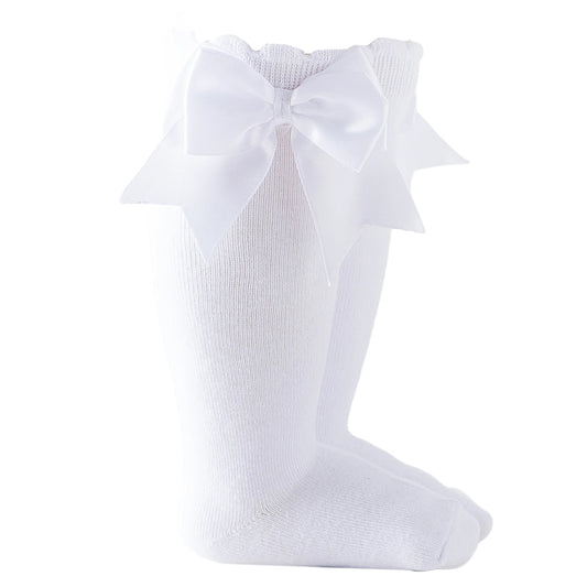 White baby girl knee-high socks with silk bows