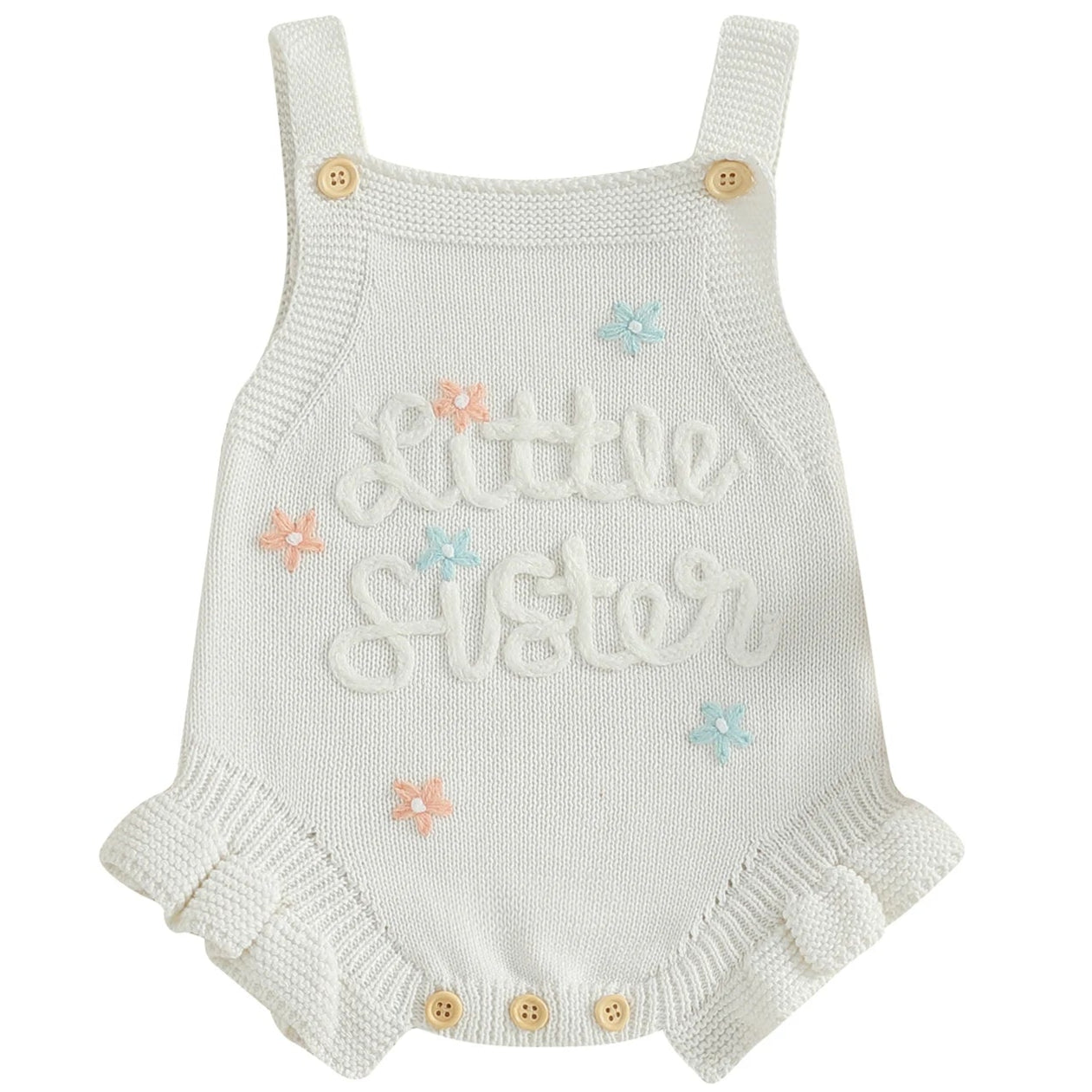 White knit baby romper with Little Sister stitched