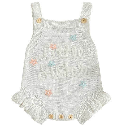 White knit baby romper with Little Sister stitched