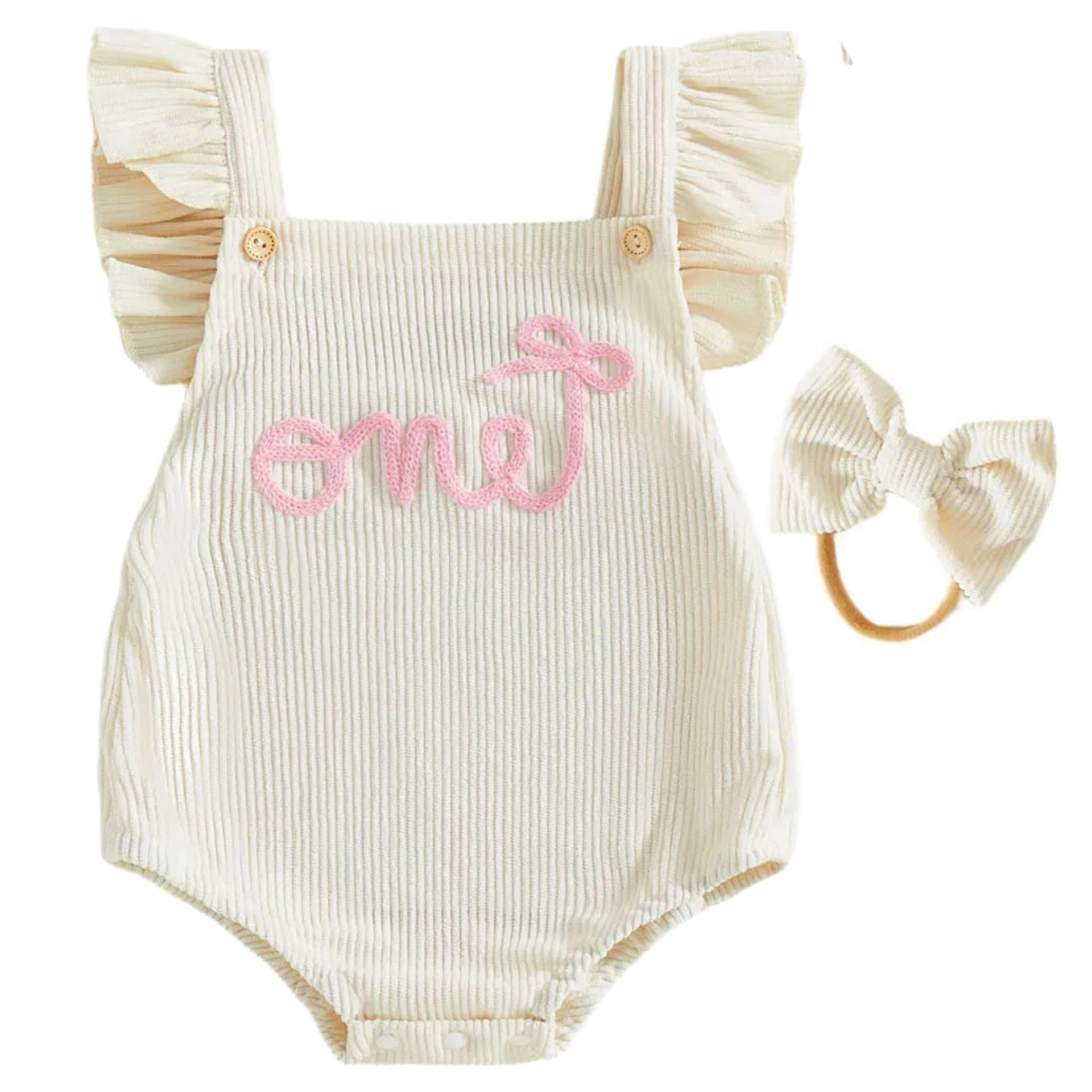 White baby girl “ONE” romper with pink embroidery
